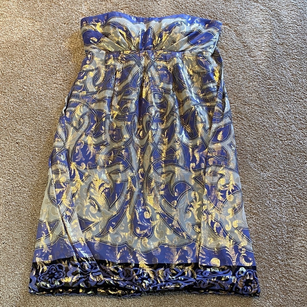 Nicole Miller Collection Silk Lurex Strapless Metallic Lavender Gold Dress 4
